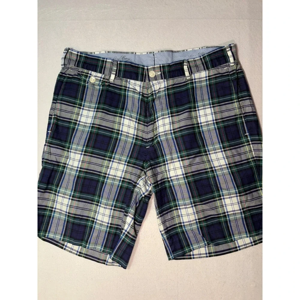 Polo Ralph Lauren Mens Slim GI Fit Plaid Shorts Navy Blue Green Cotton Size 32